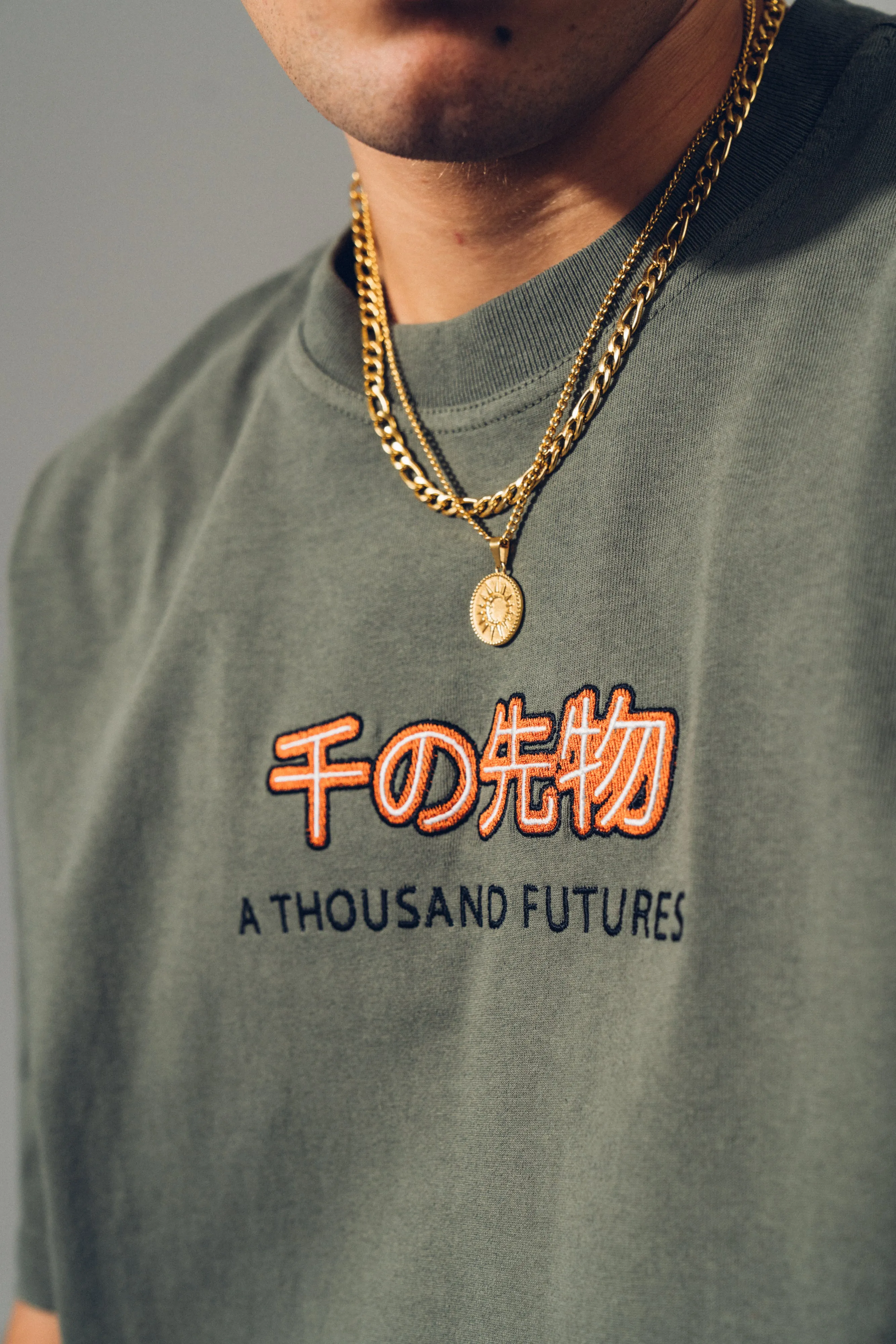 A Thousand Futures 'Logo' Embroidered Tee - Khaki