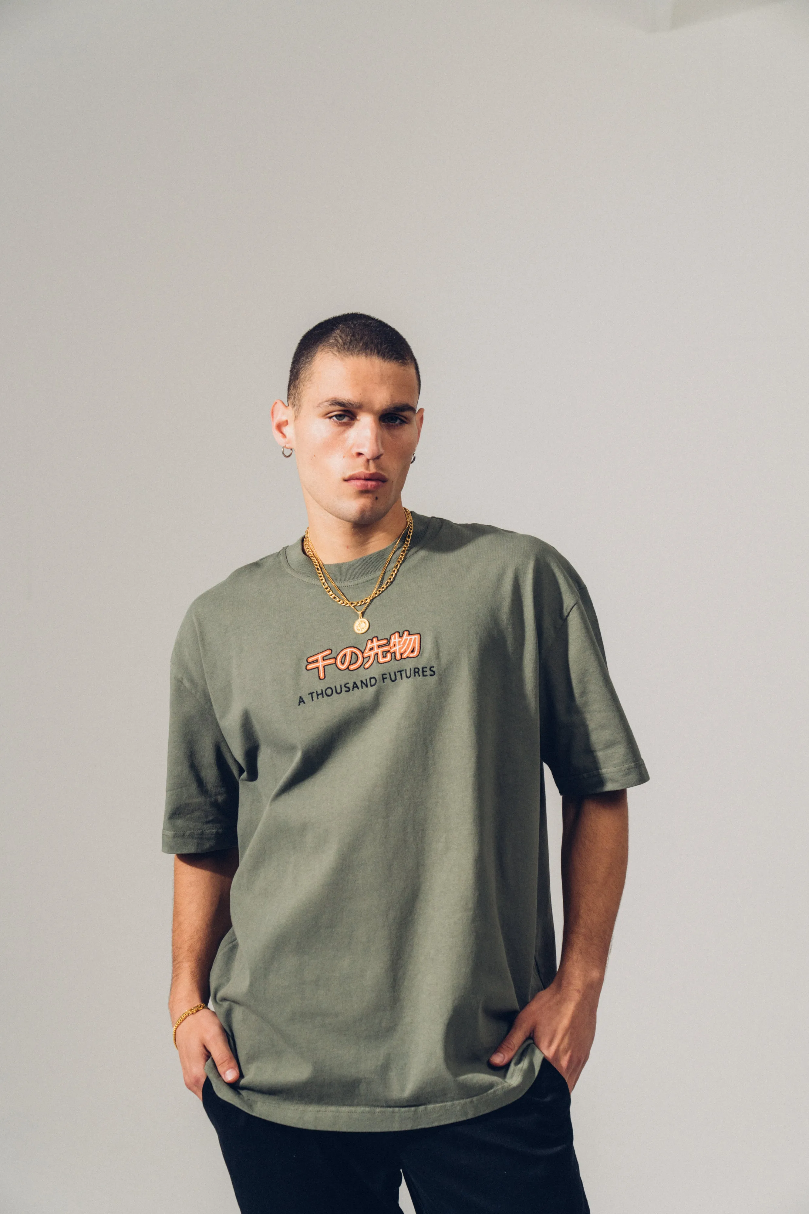 A Thousand Futures 'Logo' Embroidered Tee - Khaki