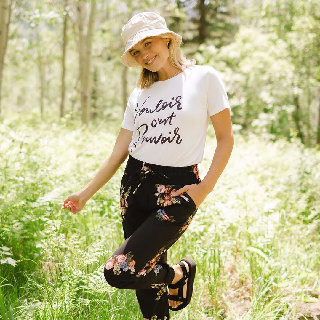 Basic Crew Neck Tee, White Bamboo Graphic