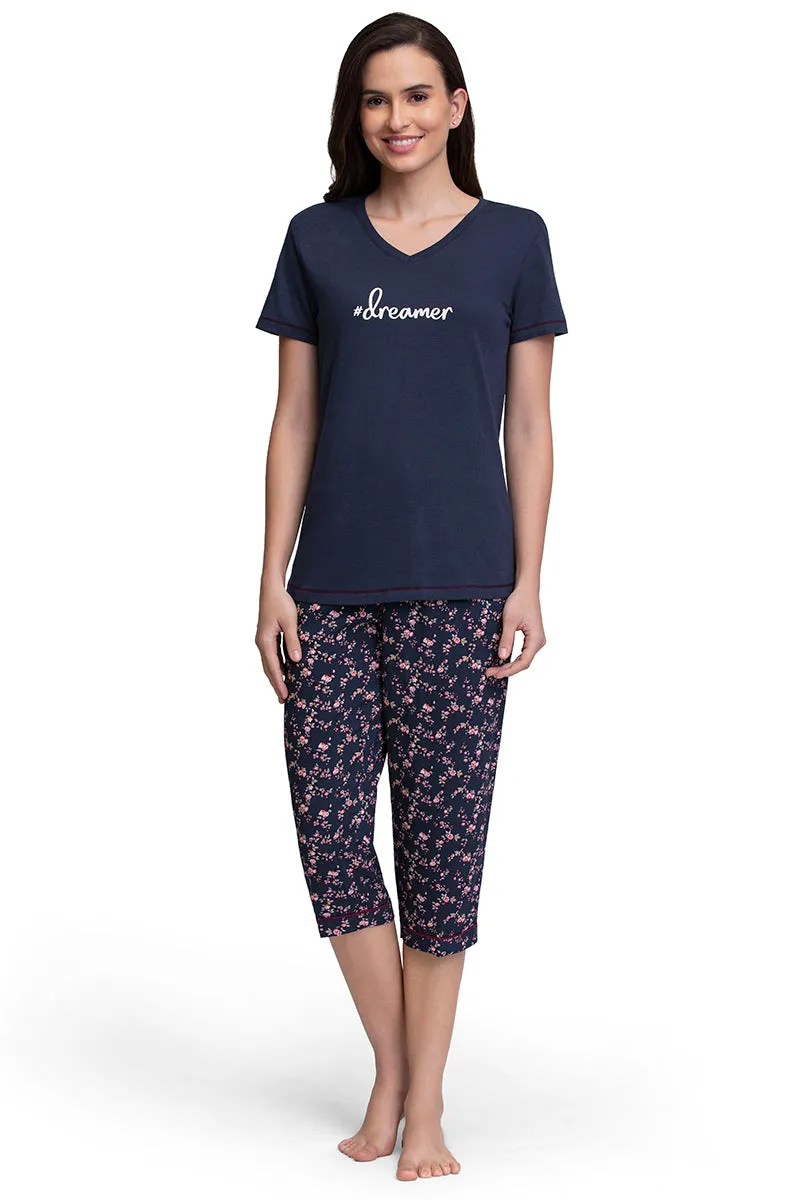 Capri Length Pyjama Bottom - Floral Pr Navy