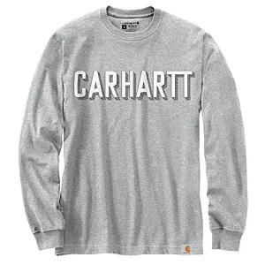 Carhartt 104891 Men's Relaxed Fit Heavyweight Long-Sleeve Block Logo Graphic T- - 3X-Large Regular - Heather Gray