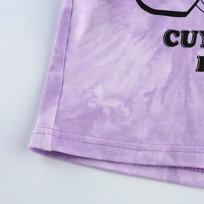 Cartoon Pattern Cute Purple Tie Dye Casual Short Sleeve Crop Top Tees