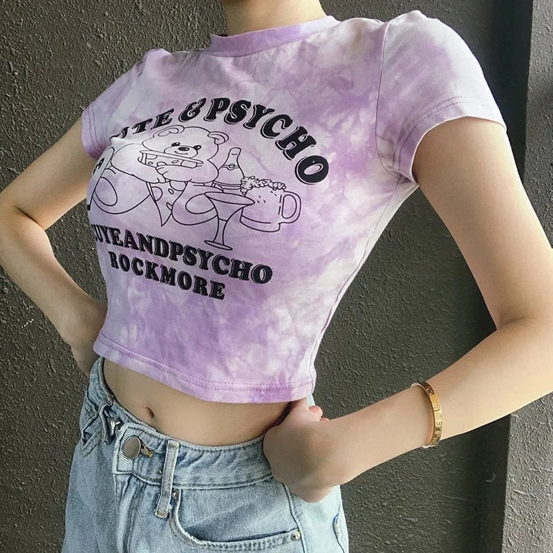 Cartoon Pattern Cute Purple Tie Dye Casual Short Sleeve Crop Top Tees