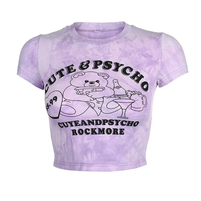 Cartoon Pattern Cute Purple Tie Dye Casual Short Sleeve Crop Top Tees