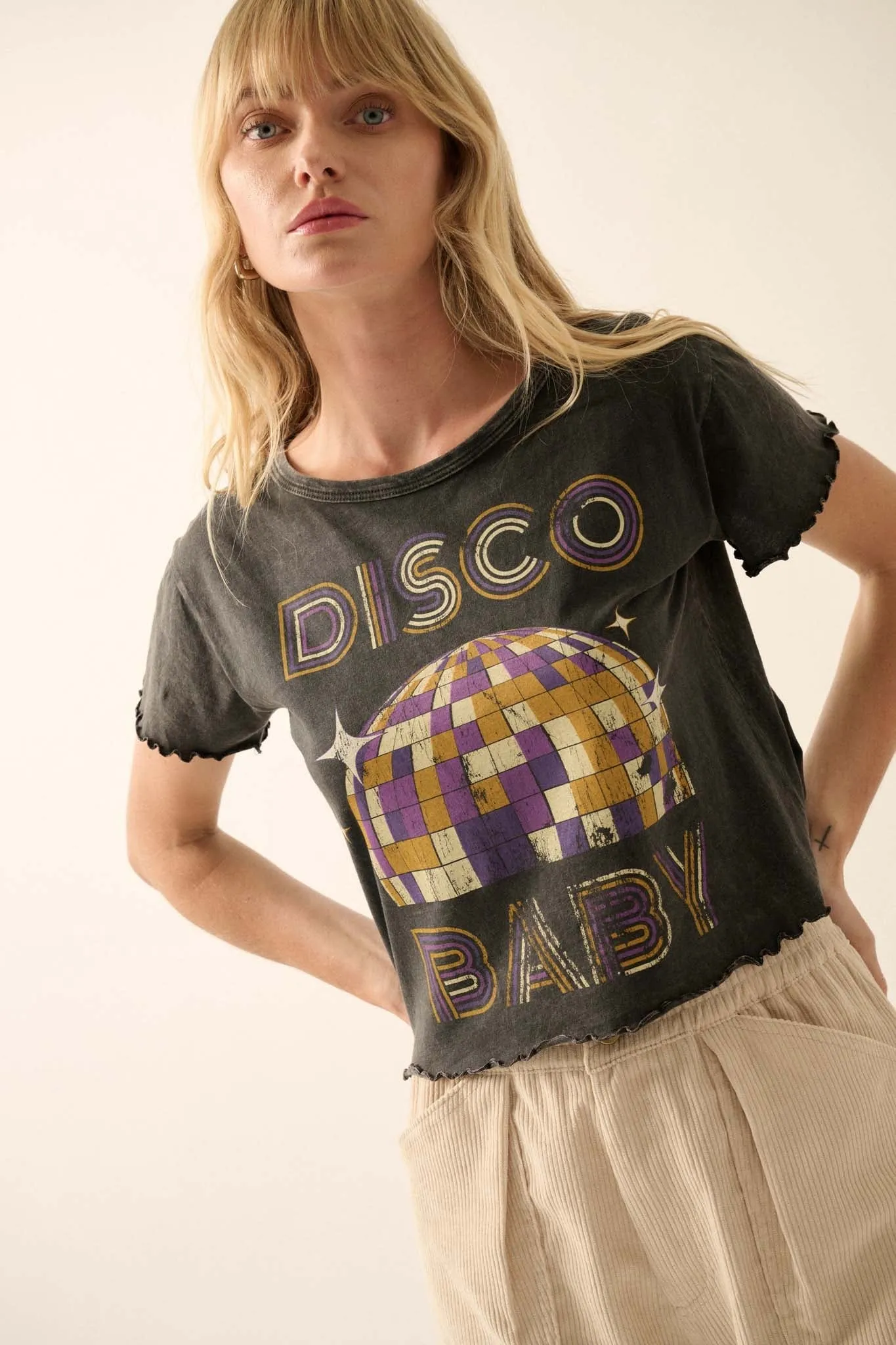 Disco Baby Lettuce-Edge Cropped Graphic Tee