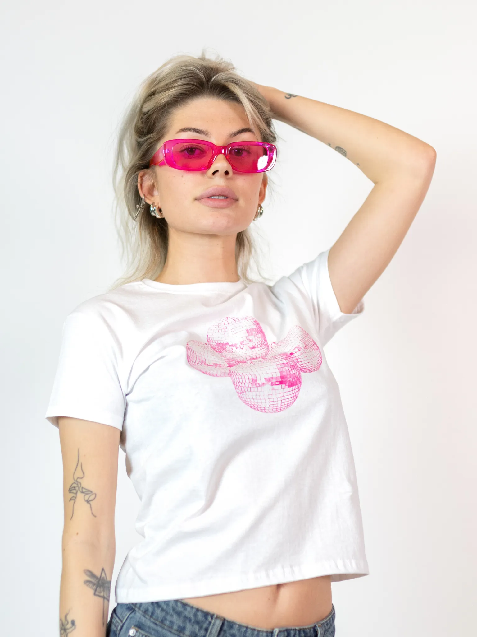 DISCO KUGLE (pink), BABY TEE - HVID