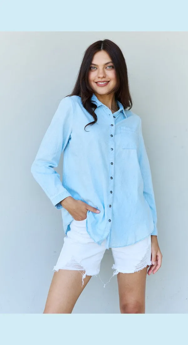 Doublju Blue Jean Baby Denim Button Down Shirt Top in Light Blue