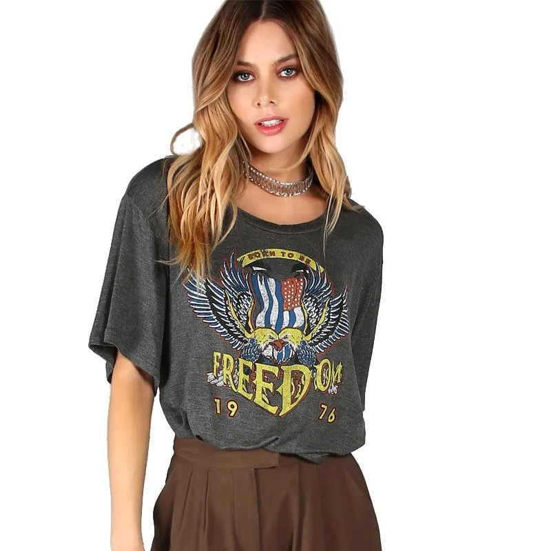 Freedom Graphic Print  Short Sleeve Stretchy Casual T-shirt