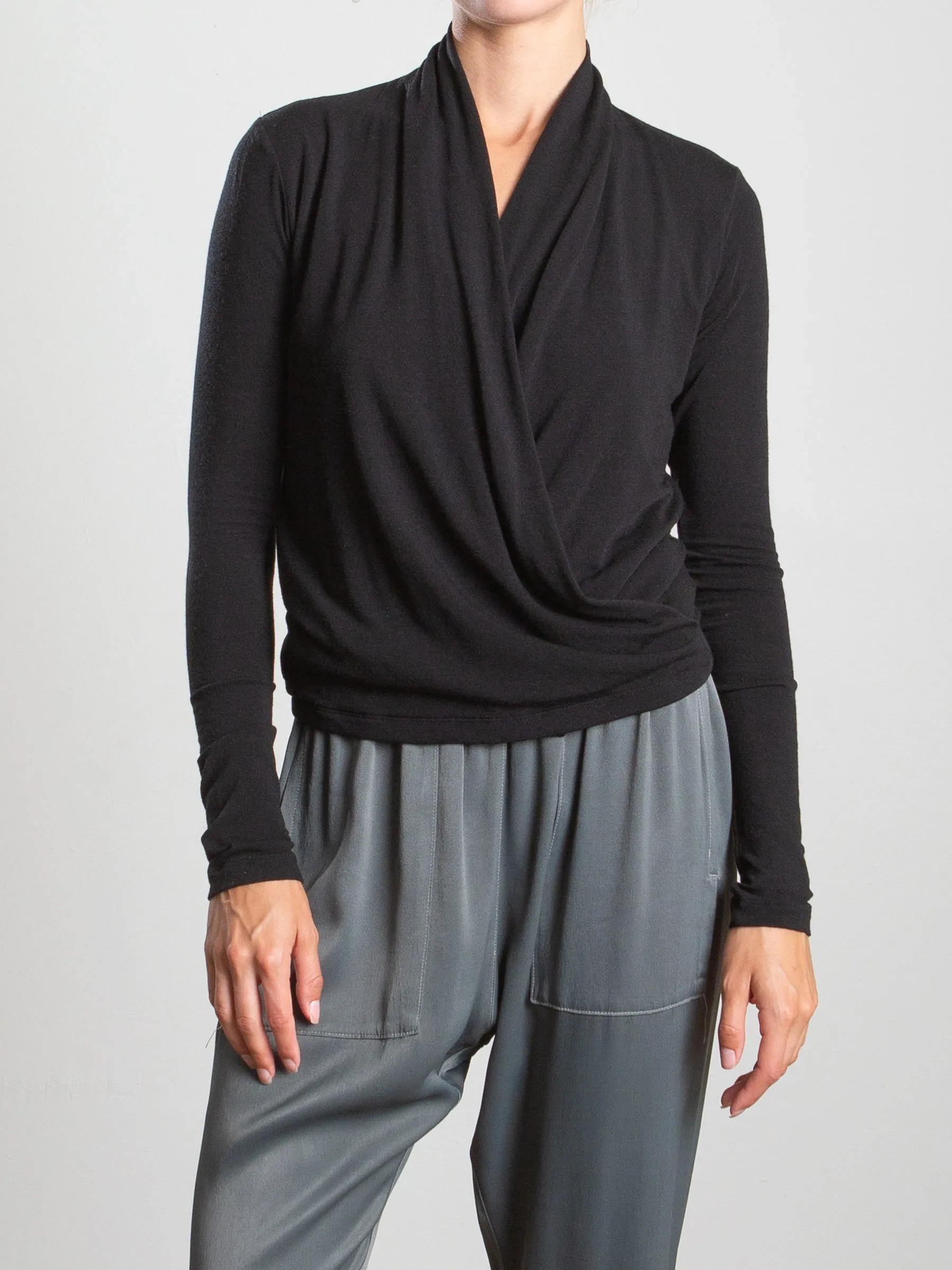 Lana Wrap Top in Cashmere Jersey - Black