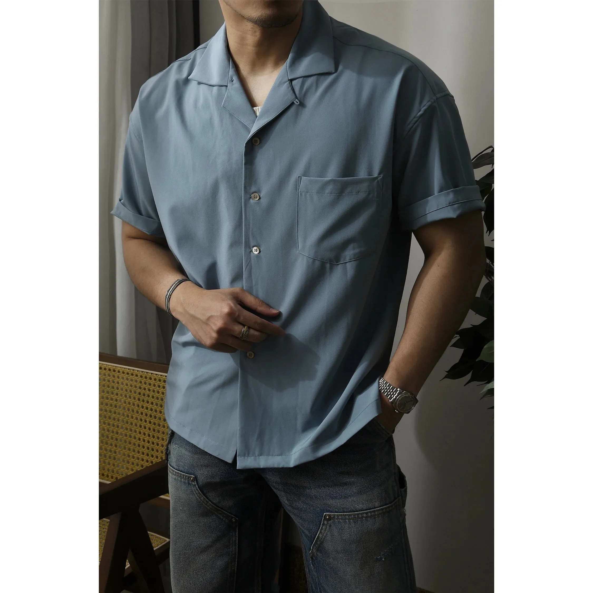 Men's Cuban Collar Shirt - Loose Fit Short Sleeves - Cool Feeling Vintage Tees