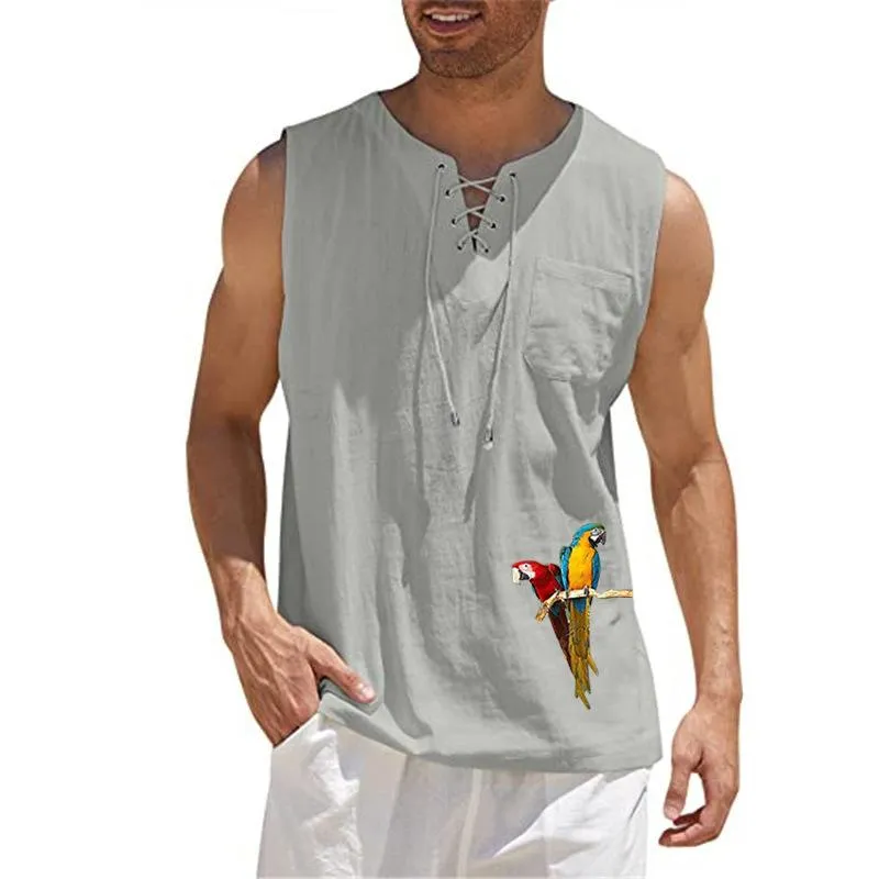 Men's Fashion Print Bird Cotton Linen Vest 34877073YM