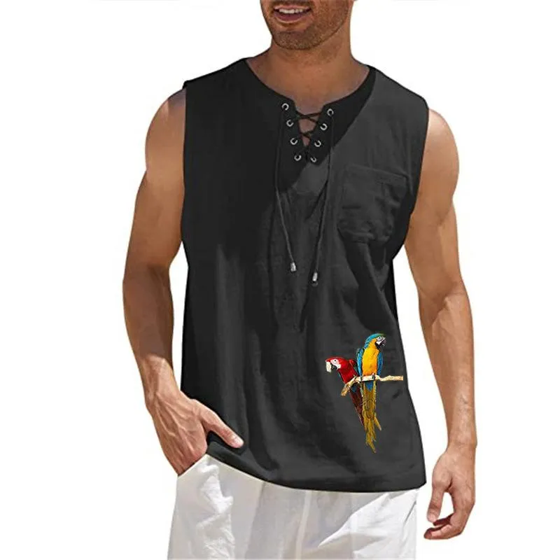 Men's Fashion Print Bird Cotton Linen Vest 34877073YM