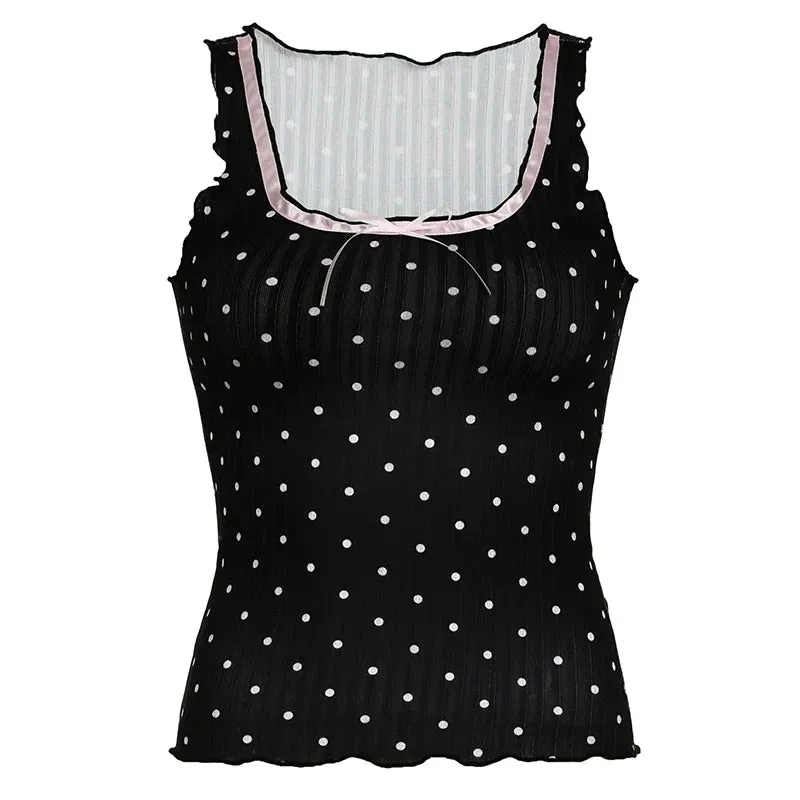 Metaversmall Sweet Gothic Dark Summer Tank Top Short Polka Dot Frill Bow Korean Fashion Vest Sleeveless Top Tees Kawaii Contrast