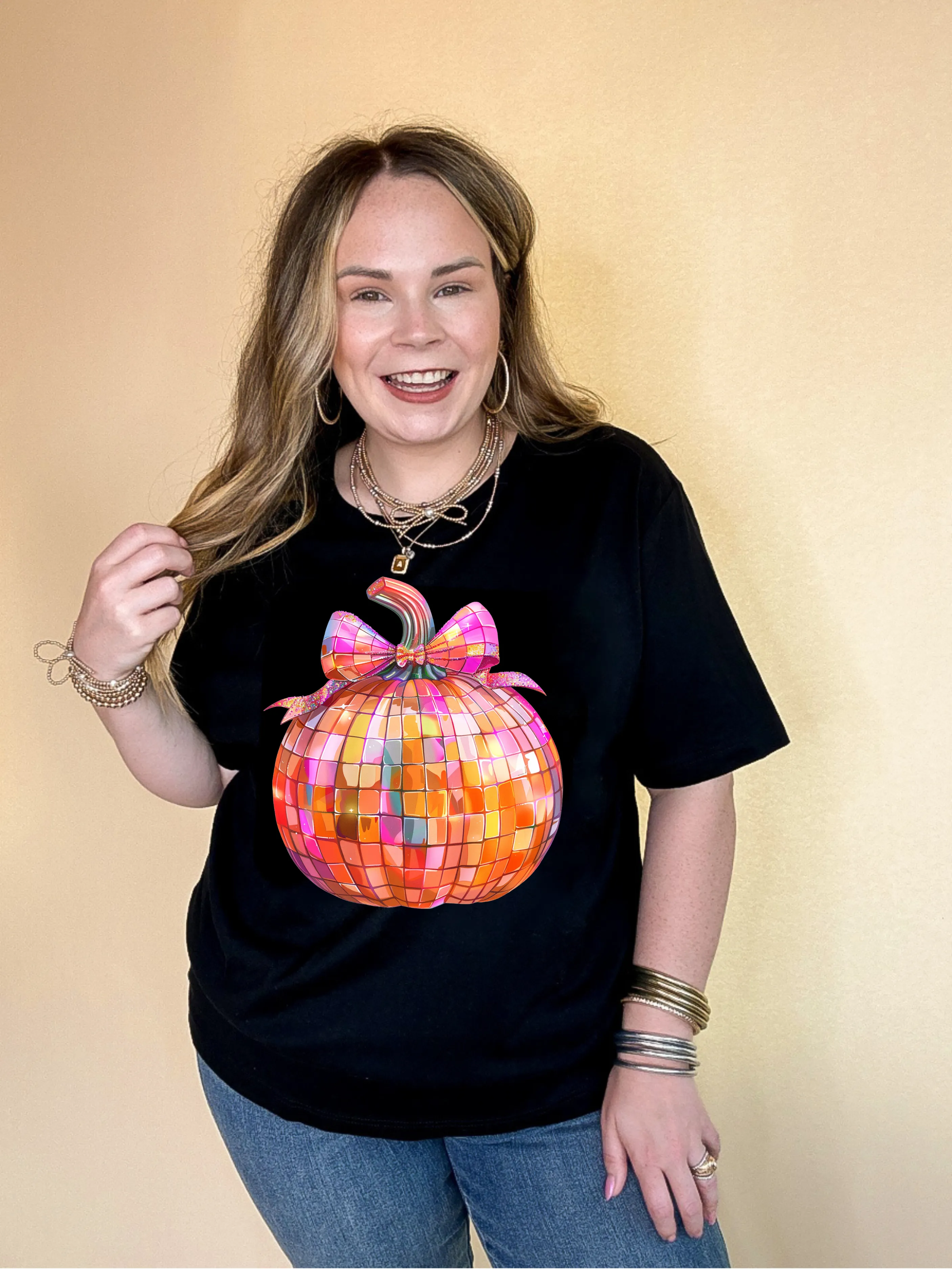 Online Exclusive | Disco Multi Colored Pumpkin with Bow Graphic Tee in Multiple Color Options