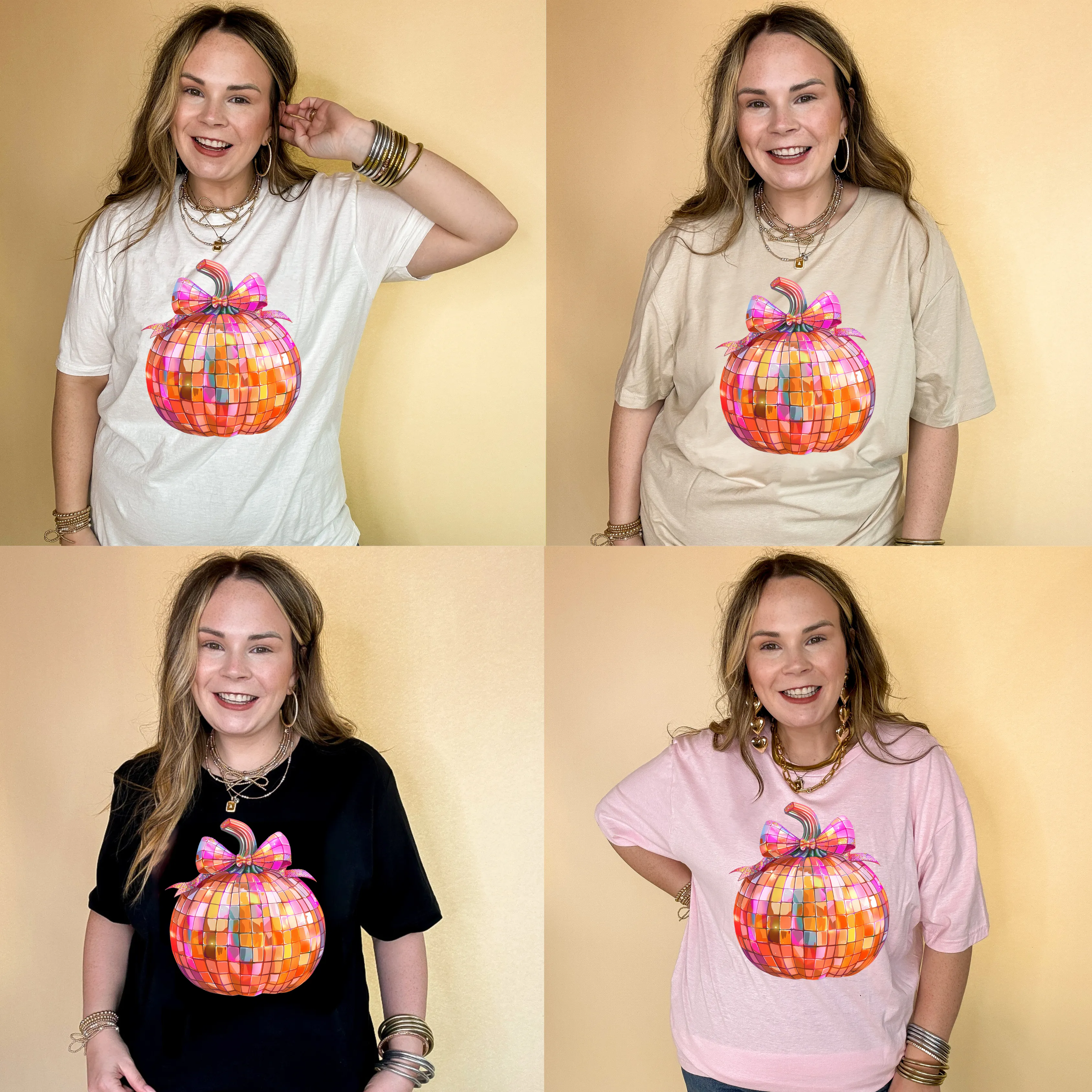 Online Exclusive | Disco Multi Colored Pumpkin with Bow Graphic Tee in Multiple Color Options