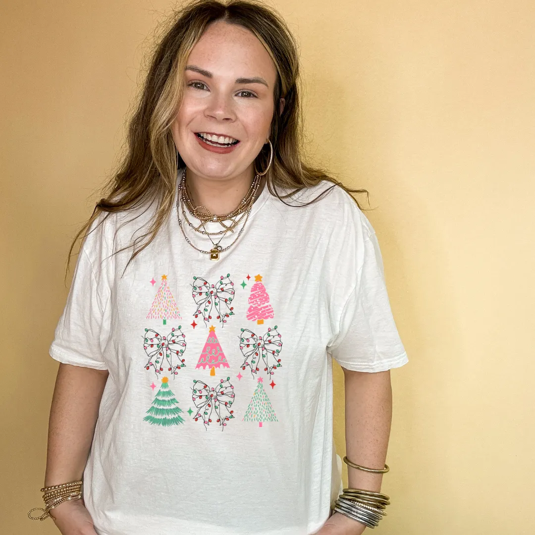 Online Exclusive | Variety of Christmas Trees and Christmas Lights Bow Collage Graphic Tee in Multiple Color Options