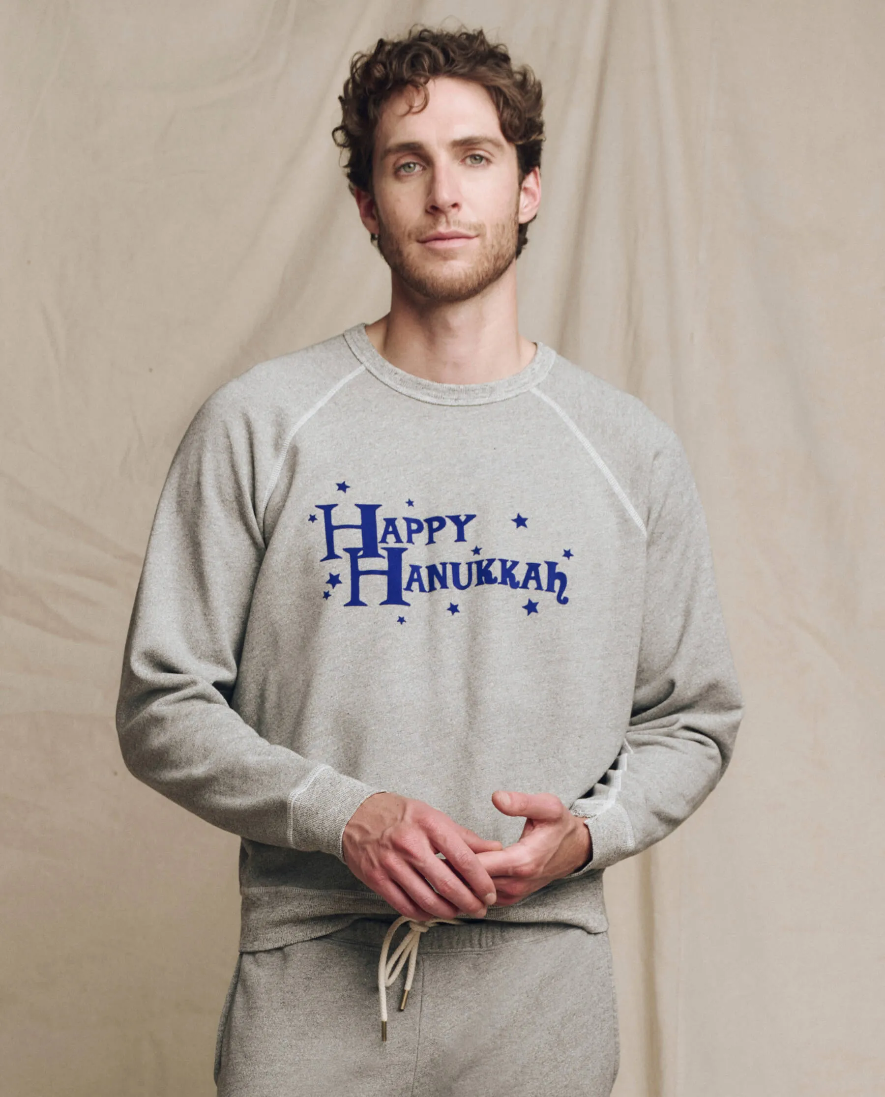 The Men’s College Sweatshirt. Graphic -- Varsity Grey with Hannukah Graphic