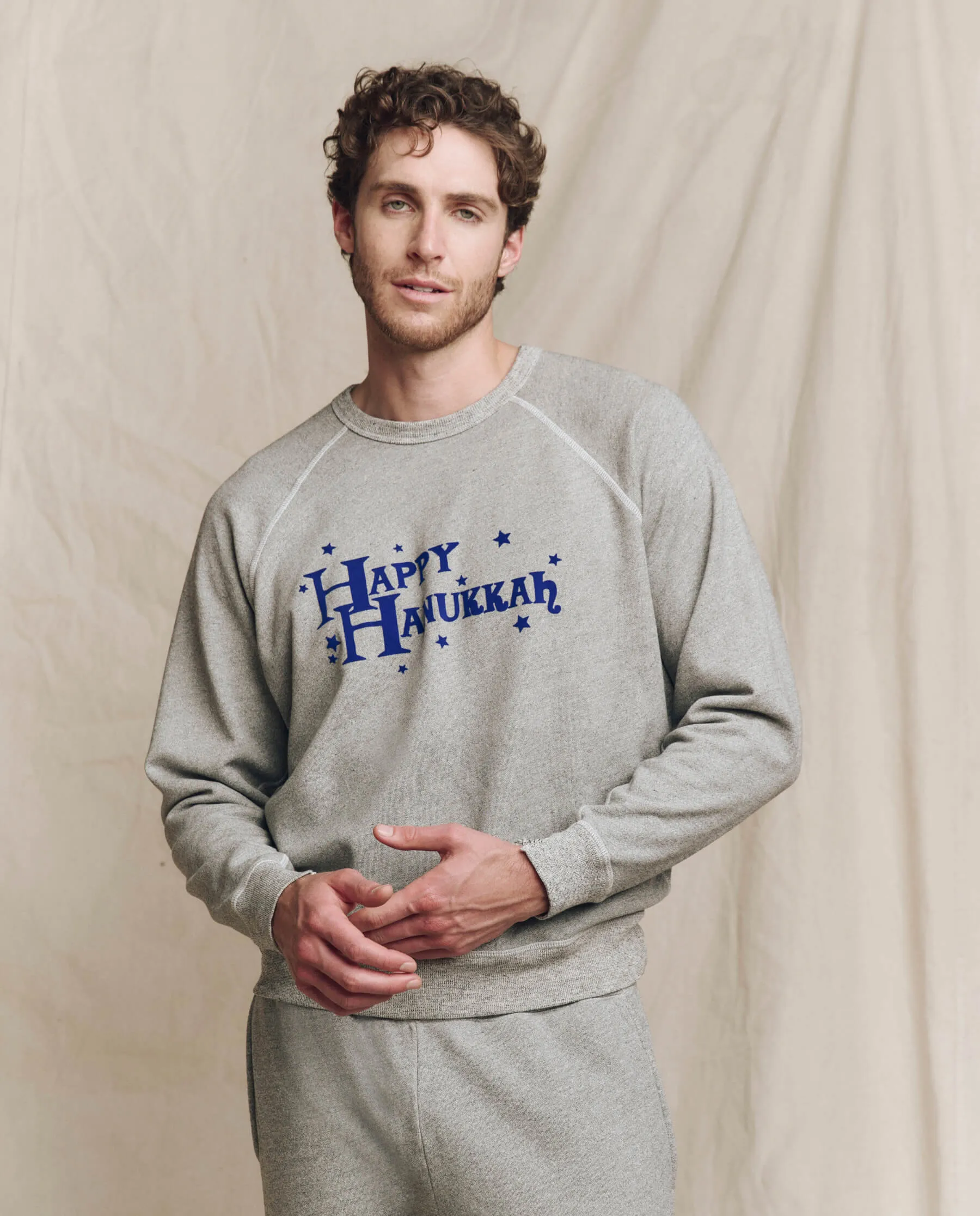 The Men’s College Sweatshirt. Graphic -- Varsity Grey with Hannukah Graphic