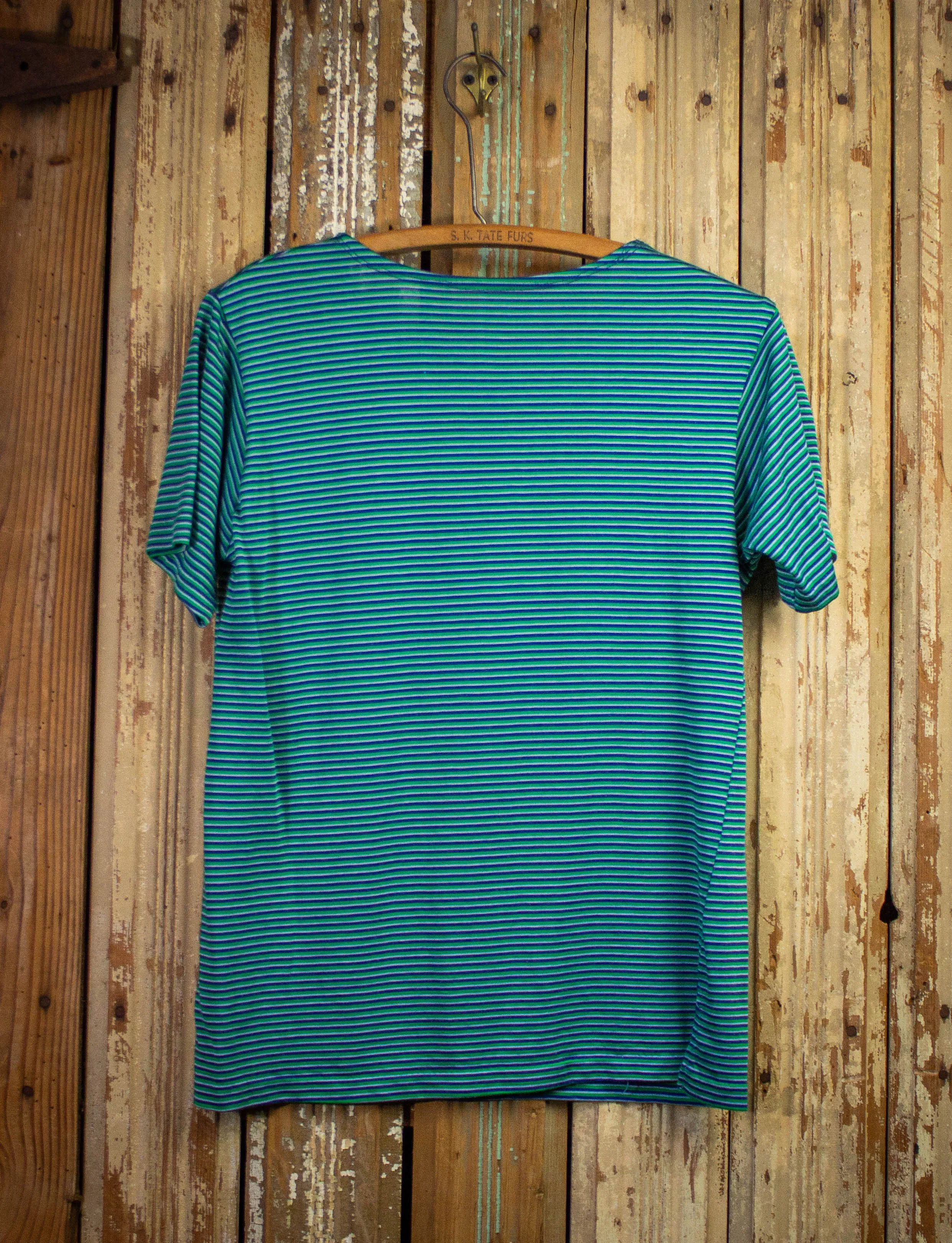 Vintage 70s Striped T Shirt Green, Blue, and White Small