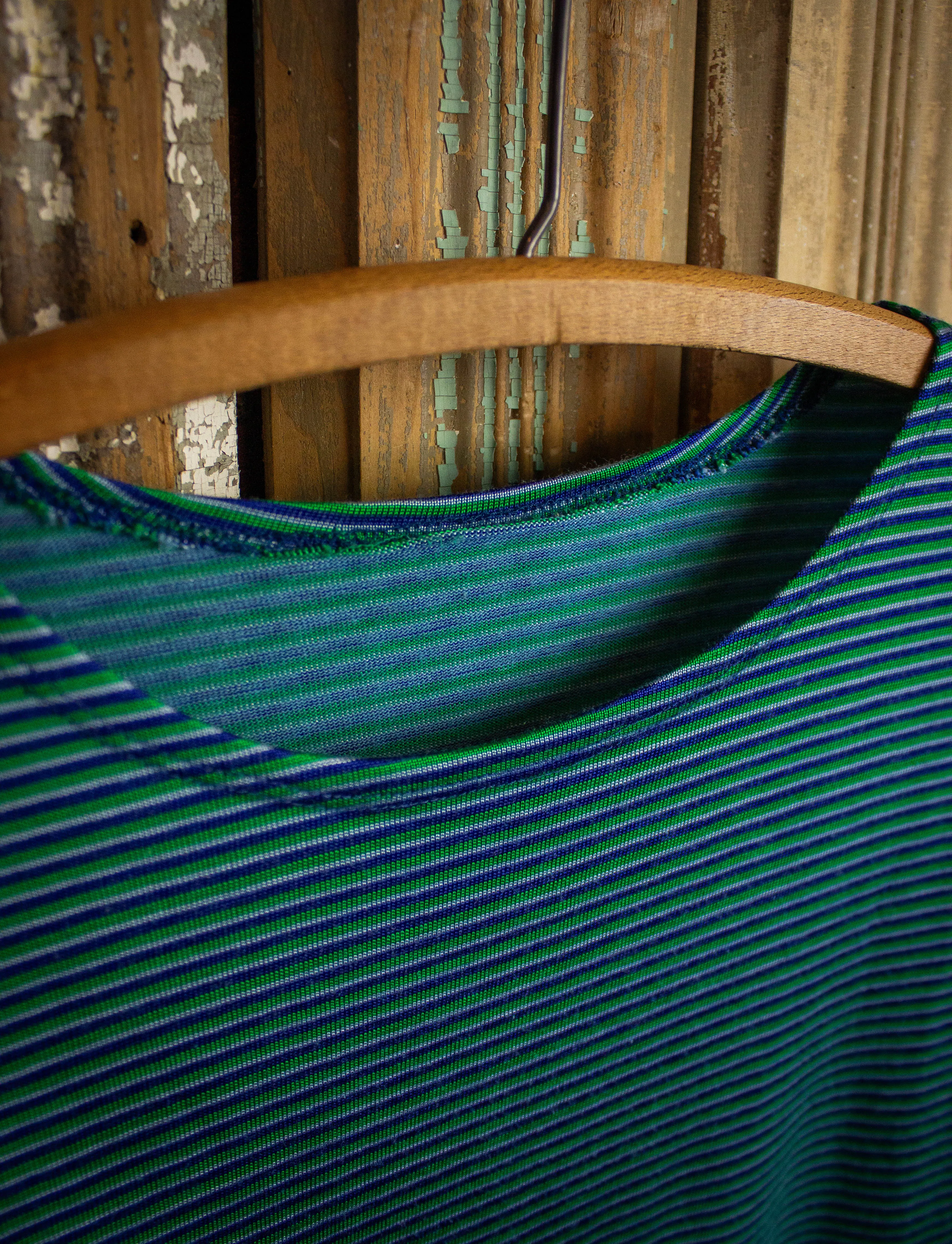 Vintage 70s Striped T Shirt Green, Blue, and White Small